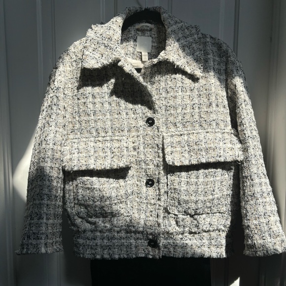 H&M Tweed Textured-Weave White And Black Cropped Bomber Jacket Size XS - Picture 2 of 13